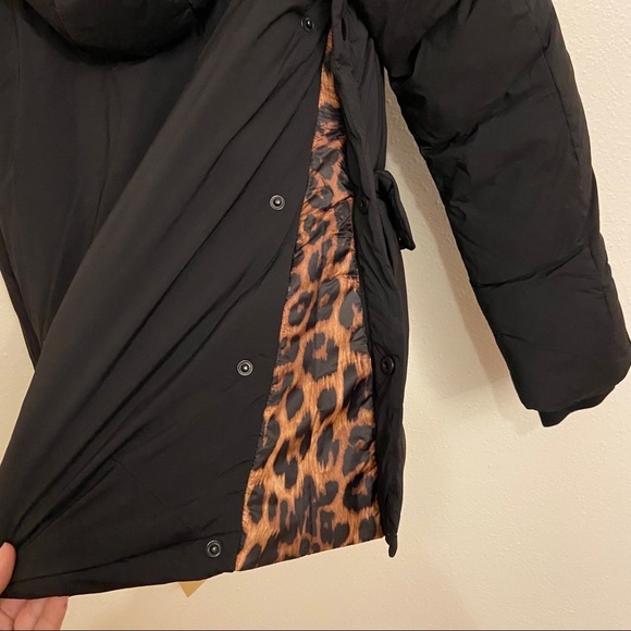Halogen Black Leopard Contrast Puffer Winter Coat Mock Neck Removable Hood Small - Picture 5 of 10